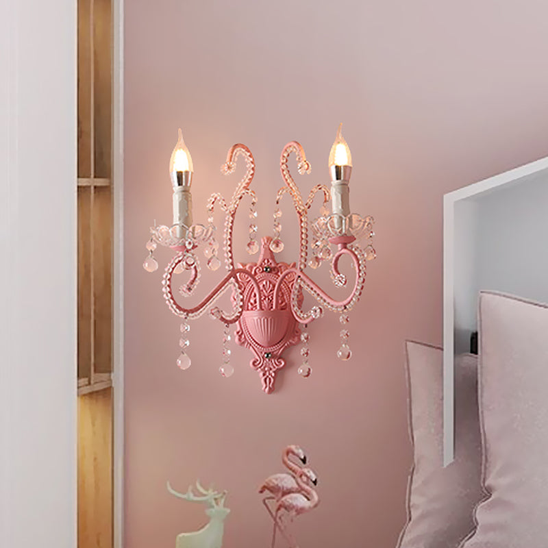 Skørter | Metal Candle Wall Lamp Sconces Cartoon 1/2-Bulb Pink Finish Wall Lamp with Crystal Deco for Girls Bedside
