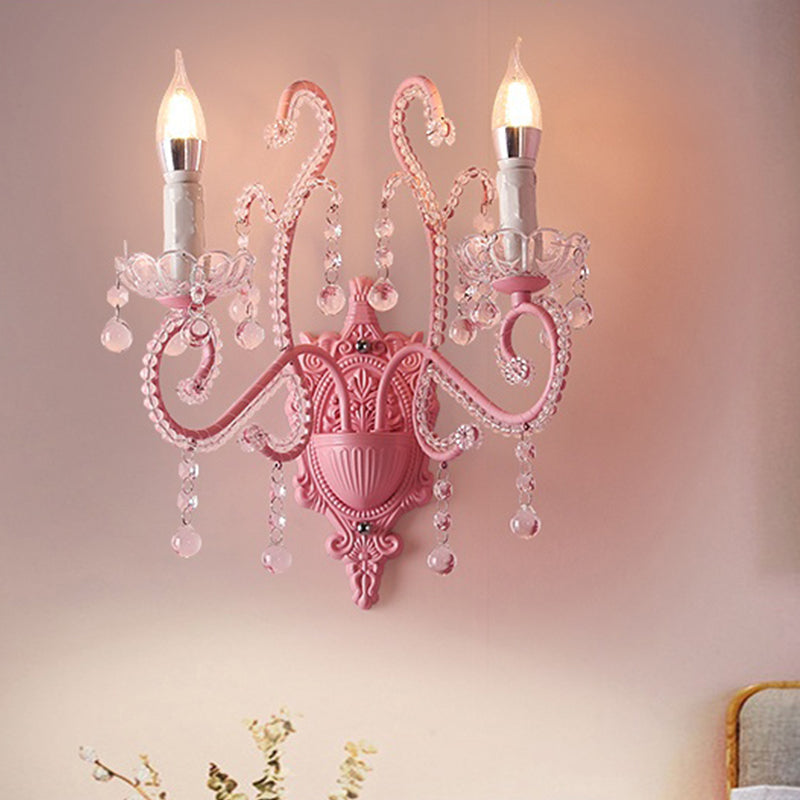 Skørter | Metal Candle Wall Lamp Sconces Cartoon 1/2-Bulb Pink Finish Wall Lamp with Crystal Deco for Girls Bedside
