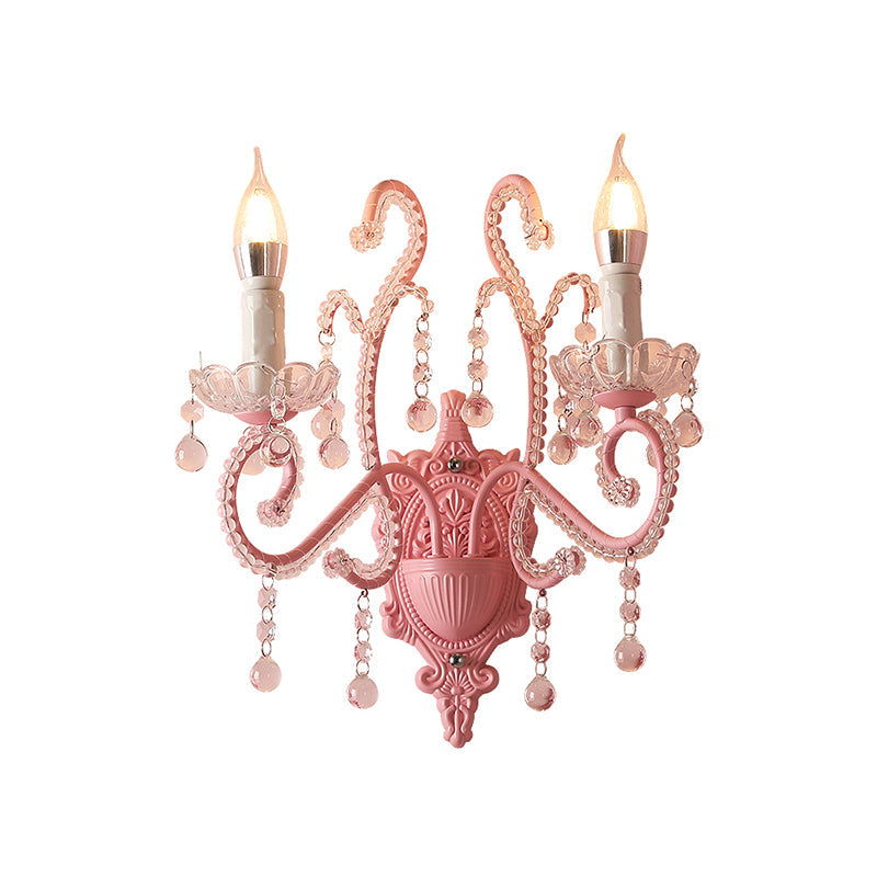 Skørter | Metal Candle Wall Lamp Sconces Cartoon 1/2-Bulb Pink Finish Wall Lamp with Crystal Deco for Girls Bedside