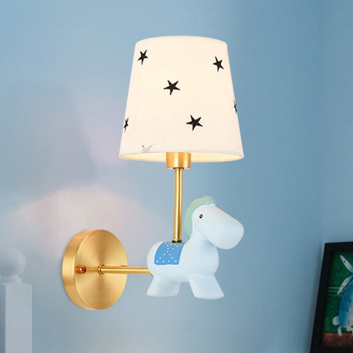 Skørter | Blue/Pink Trojan Horse Wall Lamp Kids 1 Head Resin LED Wall Lamp with Barrels Star/Dot Fabric Shade