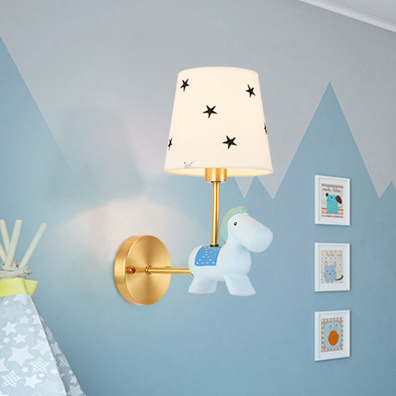Skørter | Blue/Pink Trojan Horse Wall Lamp Kids 1 Head Resin LED Wall Lamp with Barrels Star/Dot Fabric Shade