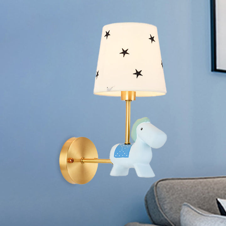 Skørter | Blue/Pink Trojan Horse Wall Lamp Kids 1 Head Resin LED Wall Lamp with Barrels Star/Dot Fabric Shade