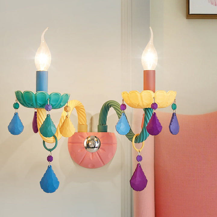 Skørter | Cartoon Candle Wall Lamp Crystal 1/2-Ball Bedside Wall Sconces in Pink with Drop Deco
