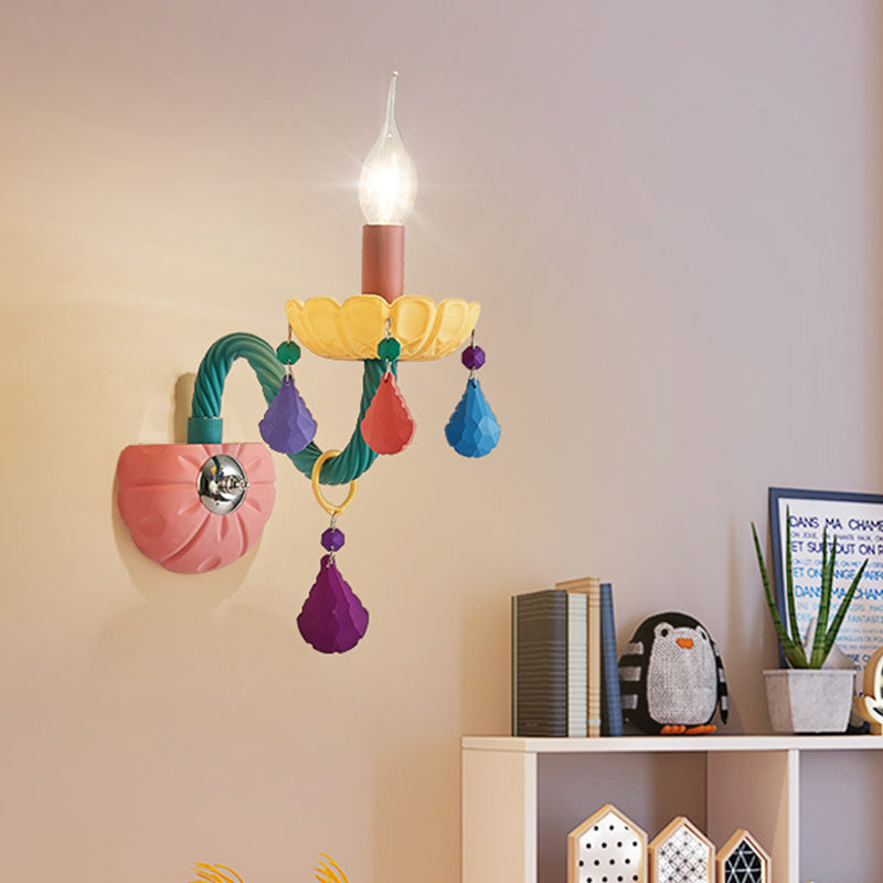 Skørter | Cartoon Candle Wall Lamp Crystal 1/2-Ball Bedside Wall Sconces in Pink with Drop Deco