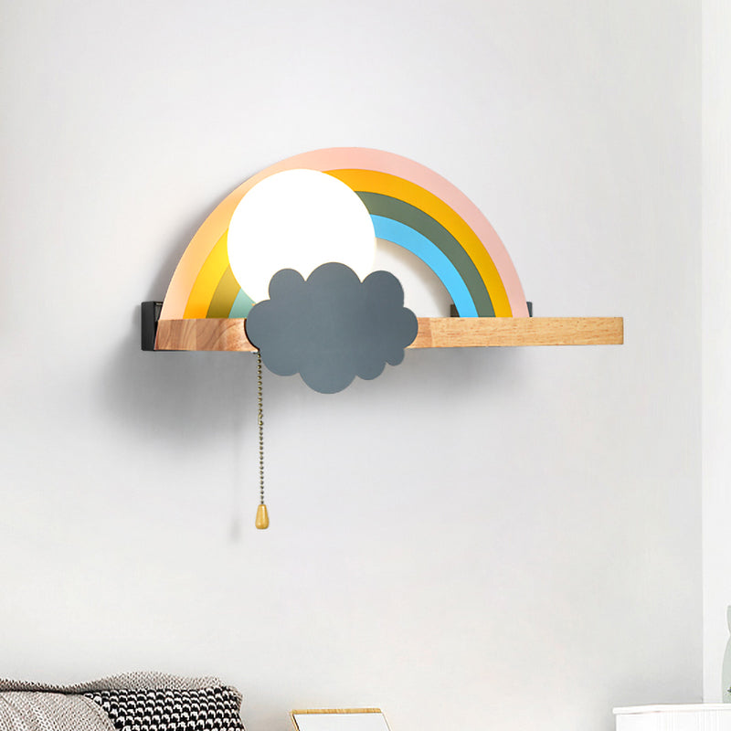 Skørter | Brown Rainbow and Sun Wall Lamp Cartoon 1-Light Metal LED Wall Light with Wood Shelf and Pull Chain