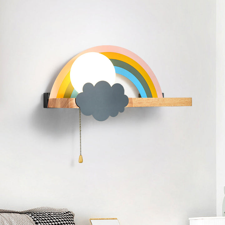 Skørter | Brown Rainbow and Sun Wall Lamp Cartoon 1-Light Metal LED Wall Light with Wood Shelf and Pull Chain