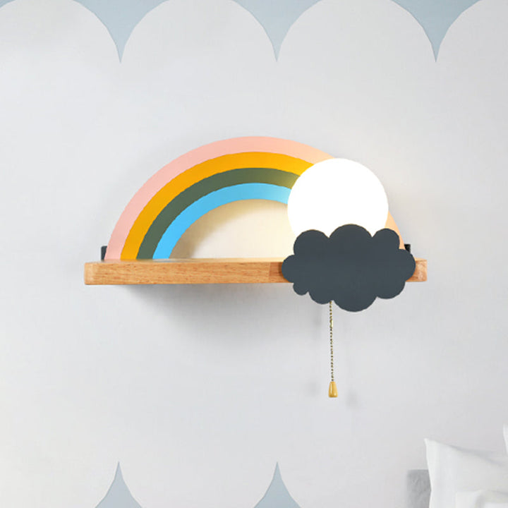 Skørter | Brown Rainbow and Sun Wall Lamp Cartoon 1-Light Metal LED Wall Light with Wood Shelf and Pull Chain