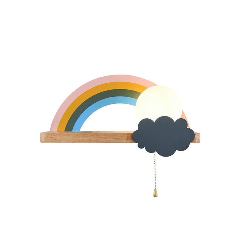 Skørter | Brown Rainbow and Sun Wall Lamp Cartoon 1-Light Metal LED Wall Light with Wood Shelf and Pull Chain