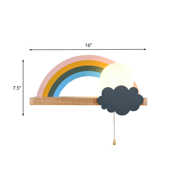 Skørter | Brown Rainbow and Sun Wall Lamp Cartoon 1-Light Metal LED Wall Light with Wood Shelf and Pull Chain