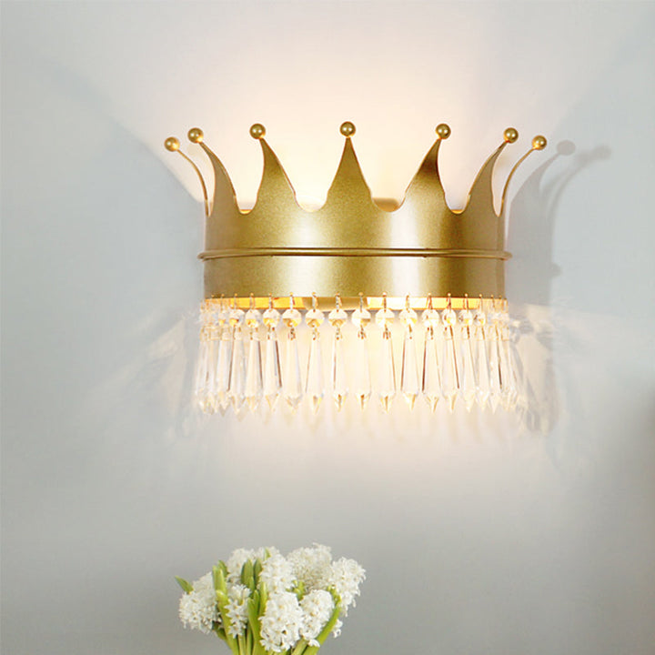 Skørter | Metal Crown Wall Lamp Lighting Cartoon 2 Heads Golden LED Wall Mount Lamp with Crystal Drop Decor