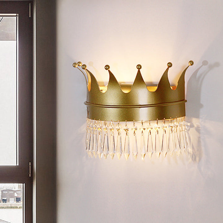Skørter | Metal Crown Wall Lamp Lighting Cartoon 2 Heads Golden LED Wall Mount Lamp with Crystal Drop Decor