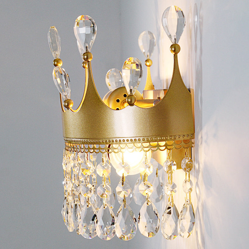 Skørter | Metal Crown Wall Lamp Lighting Cartoon 2 Heads Golden LED Wall Mount Lamp with Crystal Drop Decor