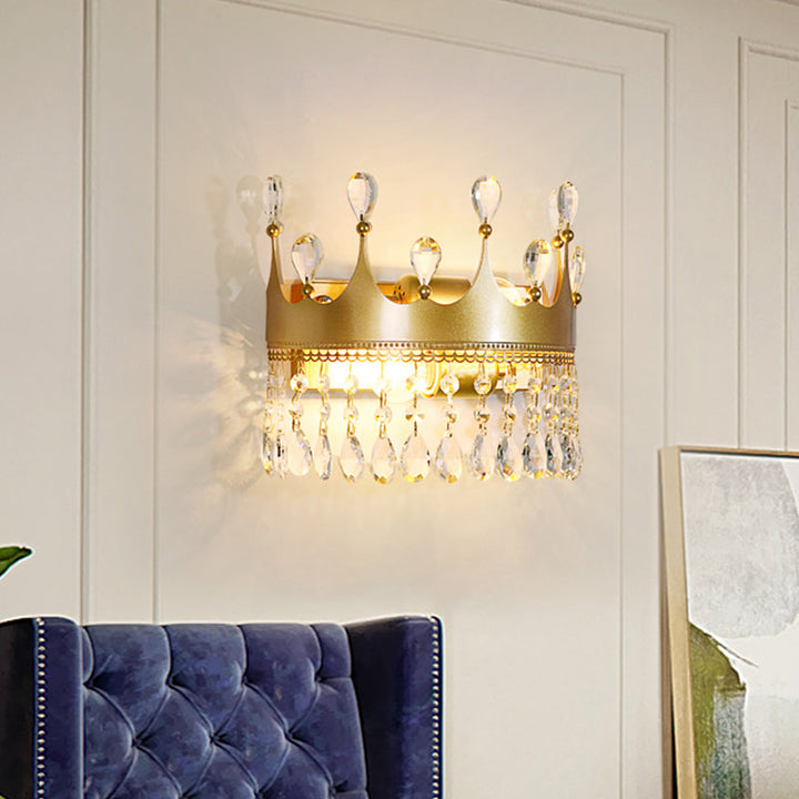 Skørter | Metal Crown Wall Lamp Lighting Cartoon 2 Heads Golden LED Wall Mount Lamp with Crystal Drop Decor