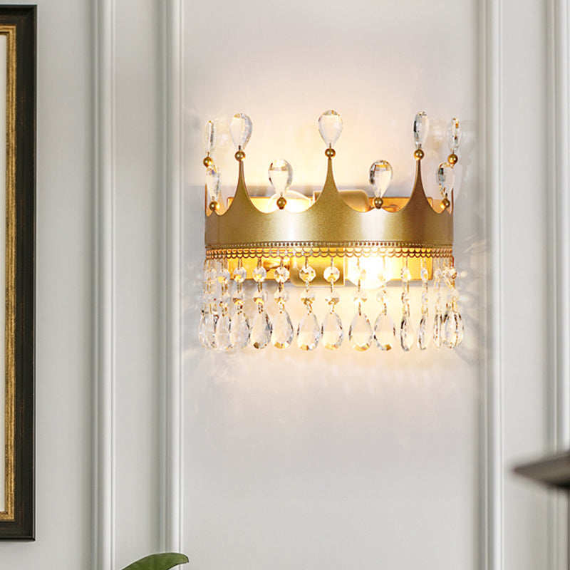 Skørter | Metal Crown Wall Lamp Lighting Cartoon 2 Heads Golden LED Wall Mount Lamp with Crystal Drop Decor