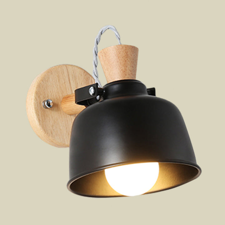 Lisslune | Bowl Nightstand Wall Light Iron 1 Light Macaron Handle Wall Light Lamp in Gray/Black with Wood Top and Backplate
