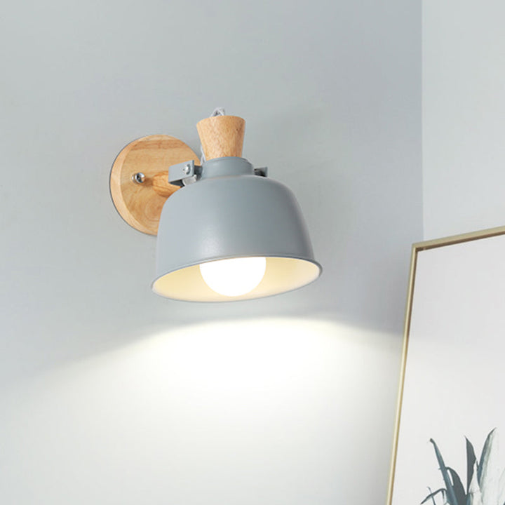 Lisslune | Bowl Nightstand Wall Light Iron 1 Light Macaron Handle Wall Light Lamp in Gray/Black with Wood Top and Backplate