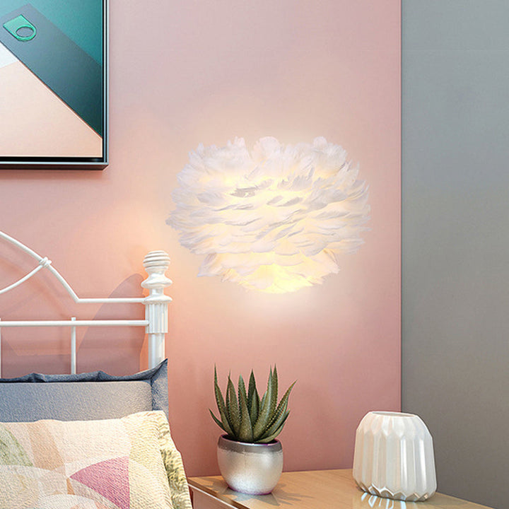 Lisslune | White Feather Flush Wall Lamp Contemporary 1-Bulb Fabric Wall-Mounted Light for Nightstand