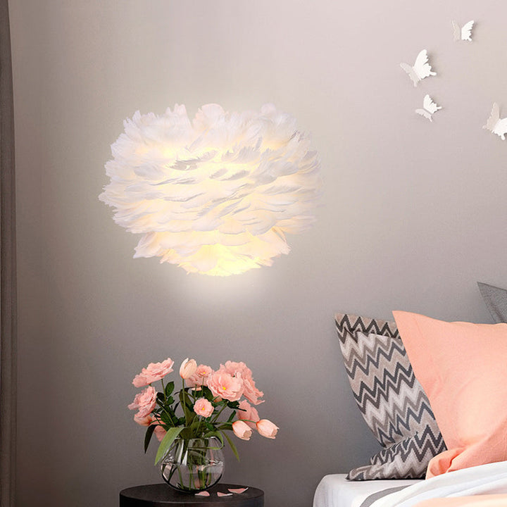 Lisslune | White Feather Flush Wall Lamp Contemporary 1-Bulb Fabric Wall-Mounted Light for Nightstand
