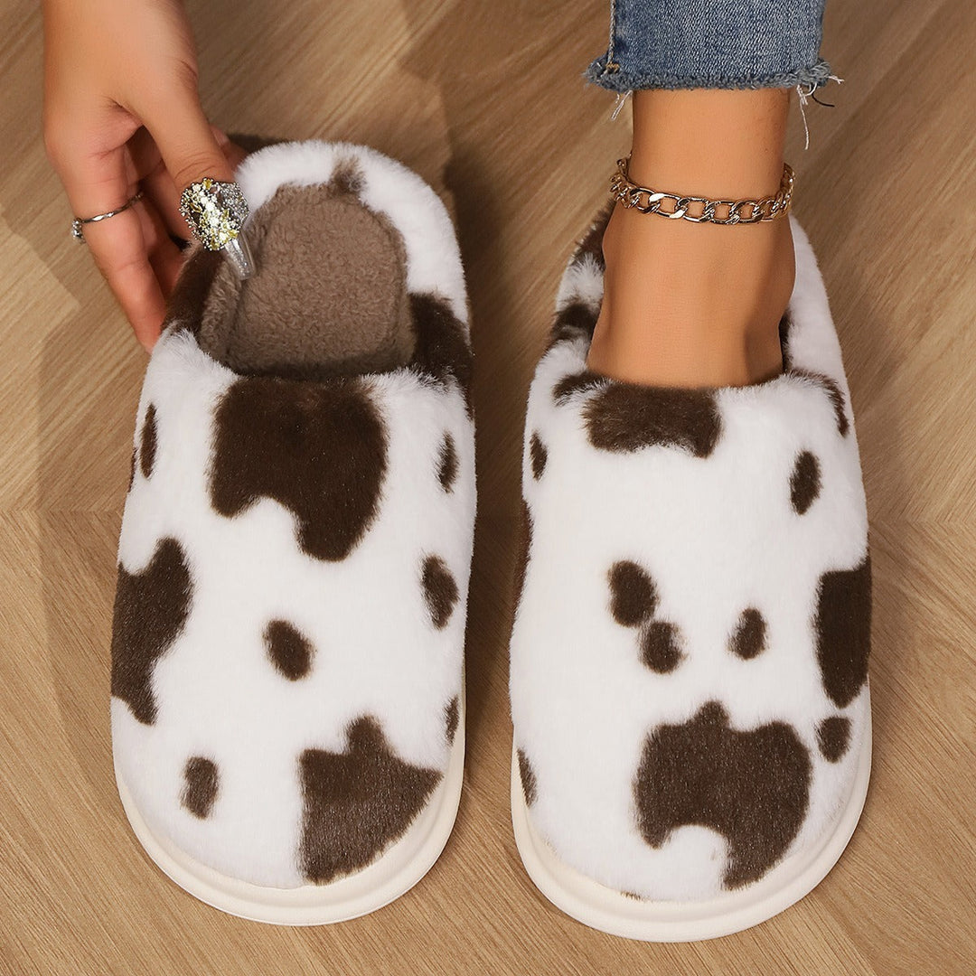 Lisslune | Shady Cow Print Plush Slippers for Couples - Cozy Anti-Slip Soft Home Shoes for Winter