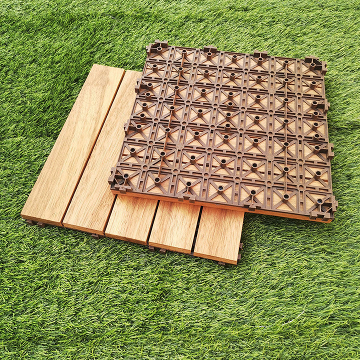 Lisslune | Teak-Finish 5-Slat Square Wooden Floor Tiles Connection Garden Tiles