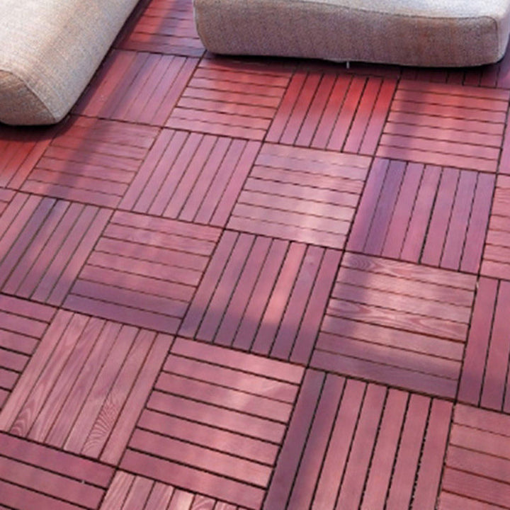 Lisslune | Red 6-Slat Square Wood Deck Tiles Snap-Fit Installation Floor Tiles