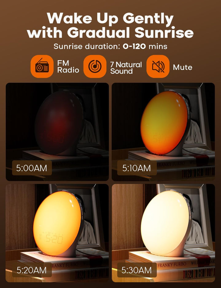 Lisslune | GlowRise Natural Wake-Up Light Alarm Clock with Sunrise & Sunset Simulation