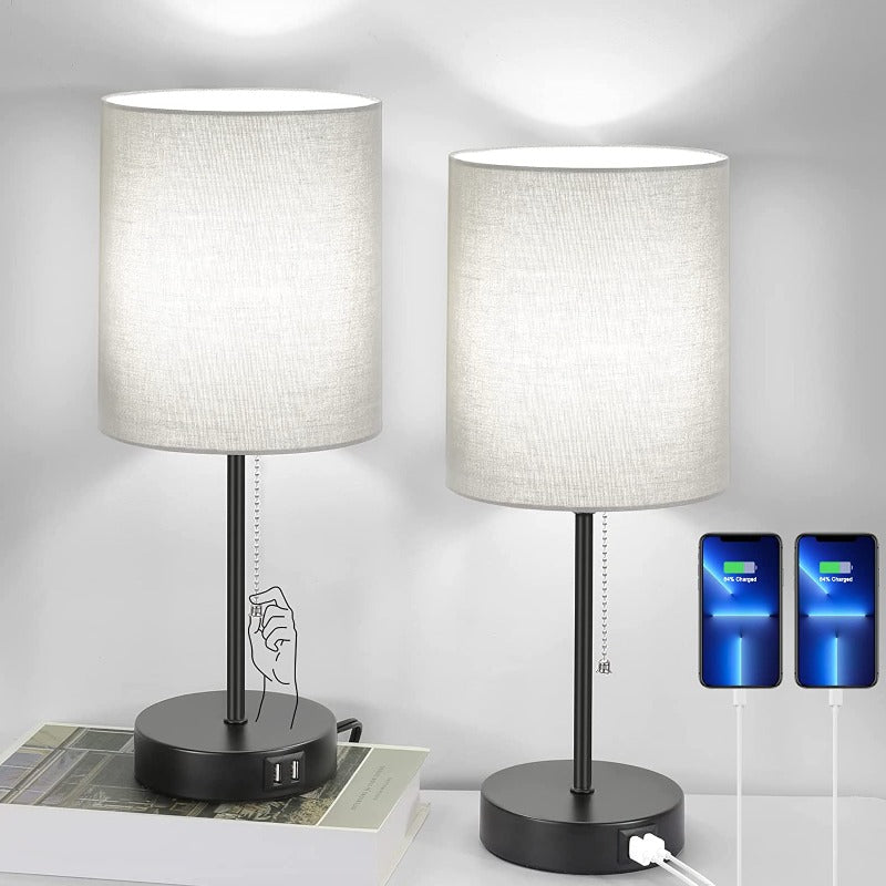 Lisslune | Table lamp set of 2 with USB charging ports, gray bedside lamps with AC outlet, bedside lamps with pull switch, minimalist modern desk lamps with fabric shade for living room bedroom office