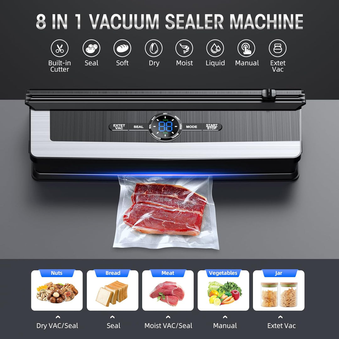 Lisslune | 8-in-1 Vacuum Sealer with Built-In Cutter | Food Saver Machine for Dry & Moist Foods