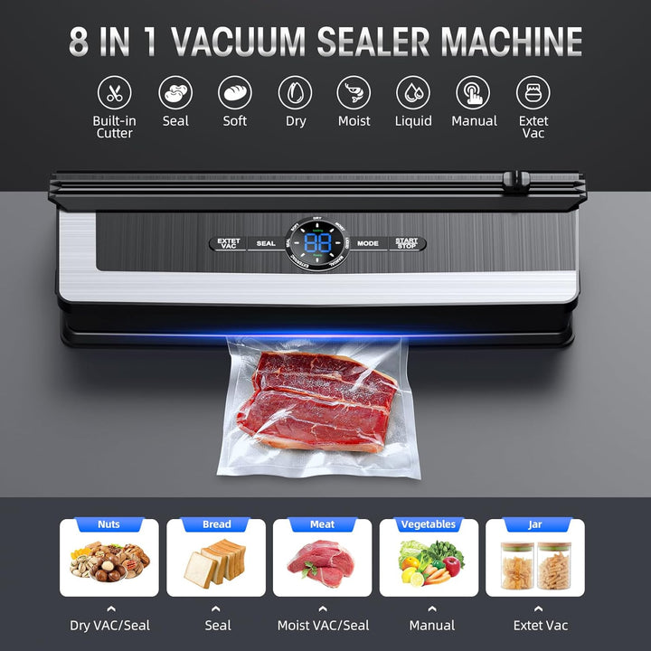 Lisslune | 8-in-1 Vacuum Sealer with Built-In Cutter | Food Saver Machine for Dry & Moist Foods