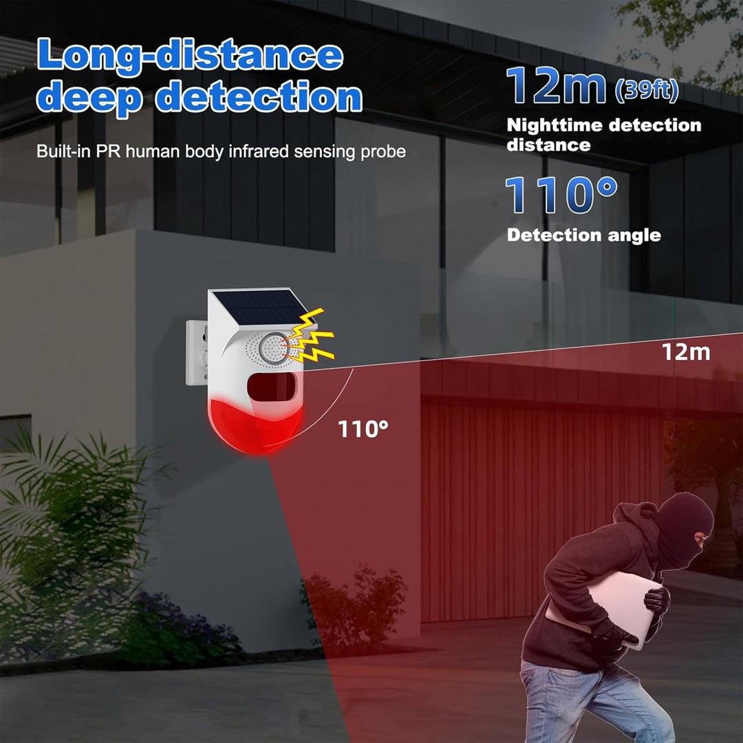 Lisslune | Solar Motion Sensor Alarm with 120dB Siren and LED Strobe – Feronix