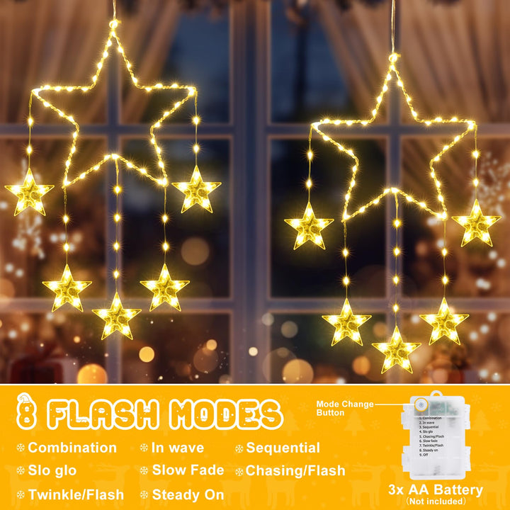 Lisslune | Quntis 2Pcs 95cm Large Christmas Window Lights, 84LED 12 Stars Battery Operated Christmas Silhouette Sparkle Star Lights with Timer Memory, 8 Modes Xmas Indoor Outdoor Hanging Decoration, Warm White