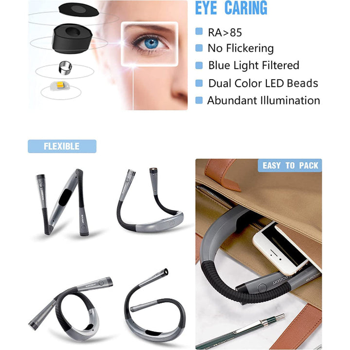 Lisslune | LED Neck Reading Lamp, Book Light for Reading in Bed, 3 Colors, 6 Brightness Levels, Flexible Arm, Rechargeable, Durable, Perfect for Reading, Knitting, Camping, Repairing