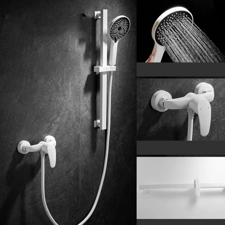Lisslune | Round Shower Set White Wall Mounted Hand Shower Lever Handle Shower Hose Swiveling Shower Set