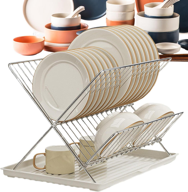 Skorter | Folding Dish Drying Rack – 2-Tier Countertop Drainer with Detachable Tray – Kelvra
