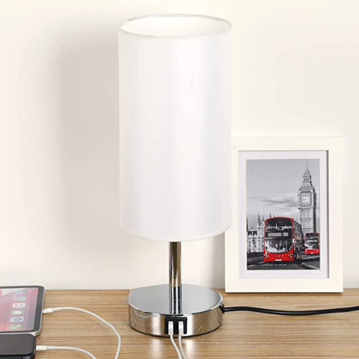 Lisslune | Lamp with USB connection Touch-Control Table Lamp for Bedroom Wood 3-stage dimmable Bedside Lamp with Round Linen Fabric Shade for Living Room, Student Dorm, Home Office