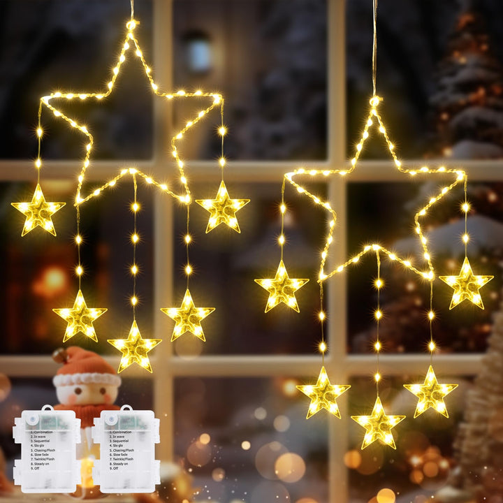 Lisslune | Quntis 2Pcs 95cm Large Christmas Window Lights, 84LED 12 Stars Battery Operated Christmas Silhouette Sparkle Star Lights with Timer Memory, 8 Modes Xmas Indoor Outdoor Hanging Decoration, Warm White