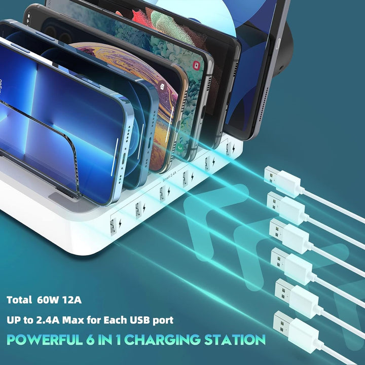 Lisslune | 6-Port Multiple Device Fast Charging Station Organizer with Smart IC & Cable Set