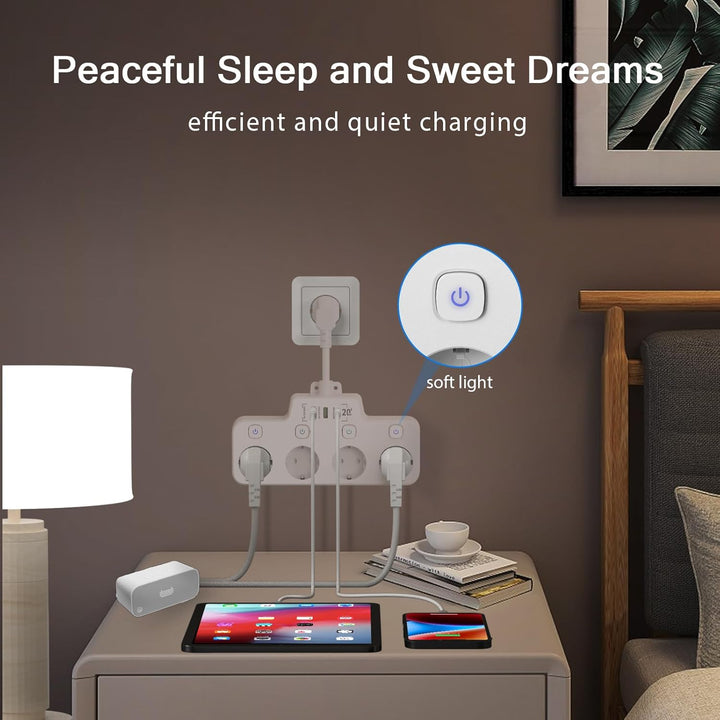 Lisslune | Swivel Wall-Mounted Power Strip with Independent Switches – 3 Outlets + 2 USB-A + 1 USB-C Ports