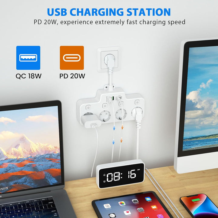 Lisslune | Swivel Wall-Mounted Power Strip with Independent Switches – 3 Outlets + 2 USB-A + 1 USB-C Ports