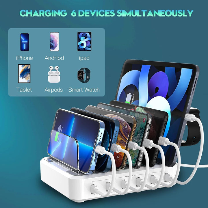 Lisslune | 6-Port Multiple Device Fast Charging Station Organizer with Smart IC & Cable Set