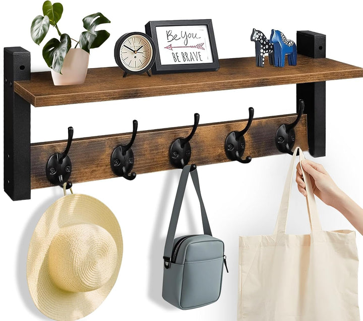 Lisslune | Wall-Mounted Coat Rack with Shelf and 5 Metal Hooks – Ravora