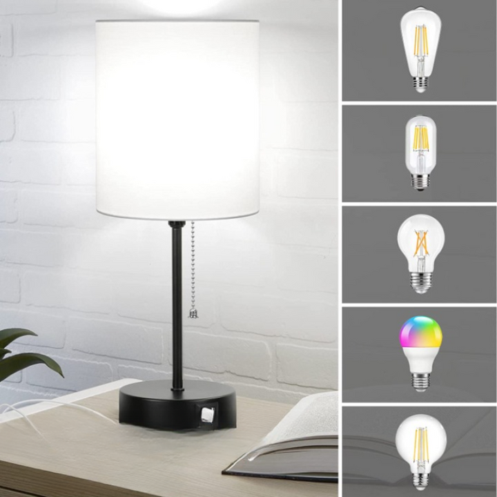 Lisslune | Table lamp set of 2 with USB charging ports, gray bedside lamps with AC outlet, bedside lamps with pull switch, minimalist modern desk lamps with fabric shade for living room bedroom office