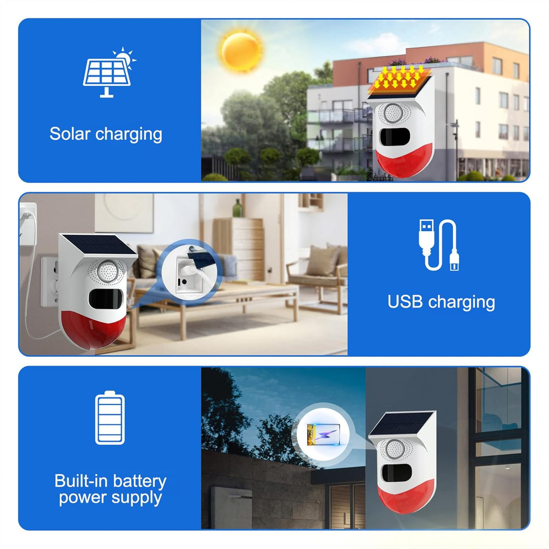 Lisslune | Solar Motion Sensor Alarm with 120dB Siren and LED Strobe – Feronix