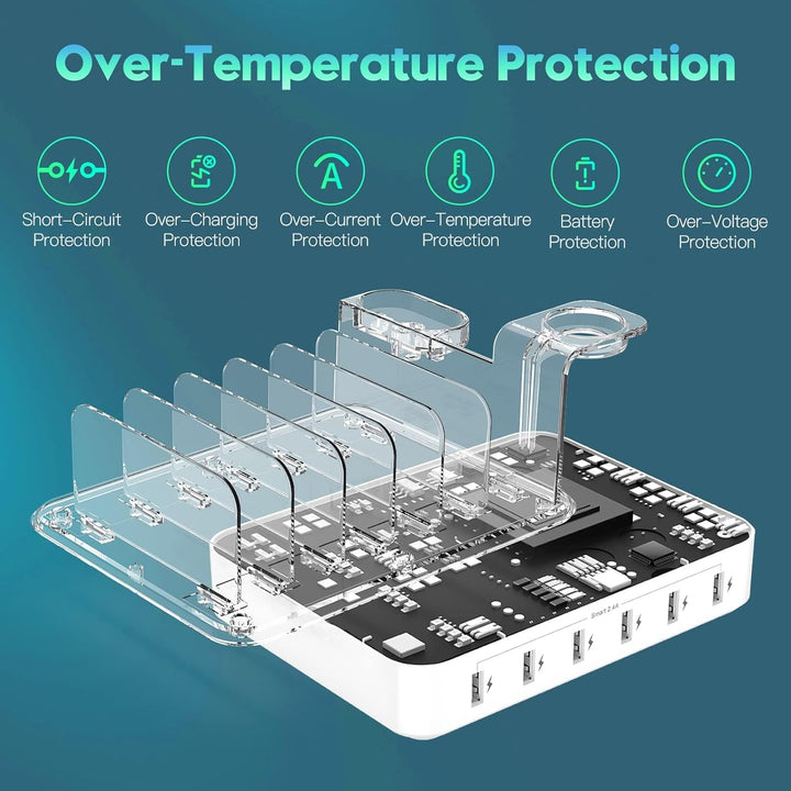 Lisslune | 6-Port Multiple Device Fast Charging Station Organizer with Smart IC & Cable Set