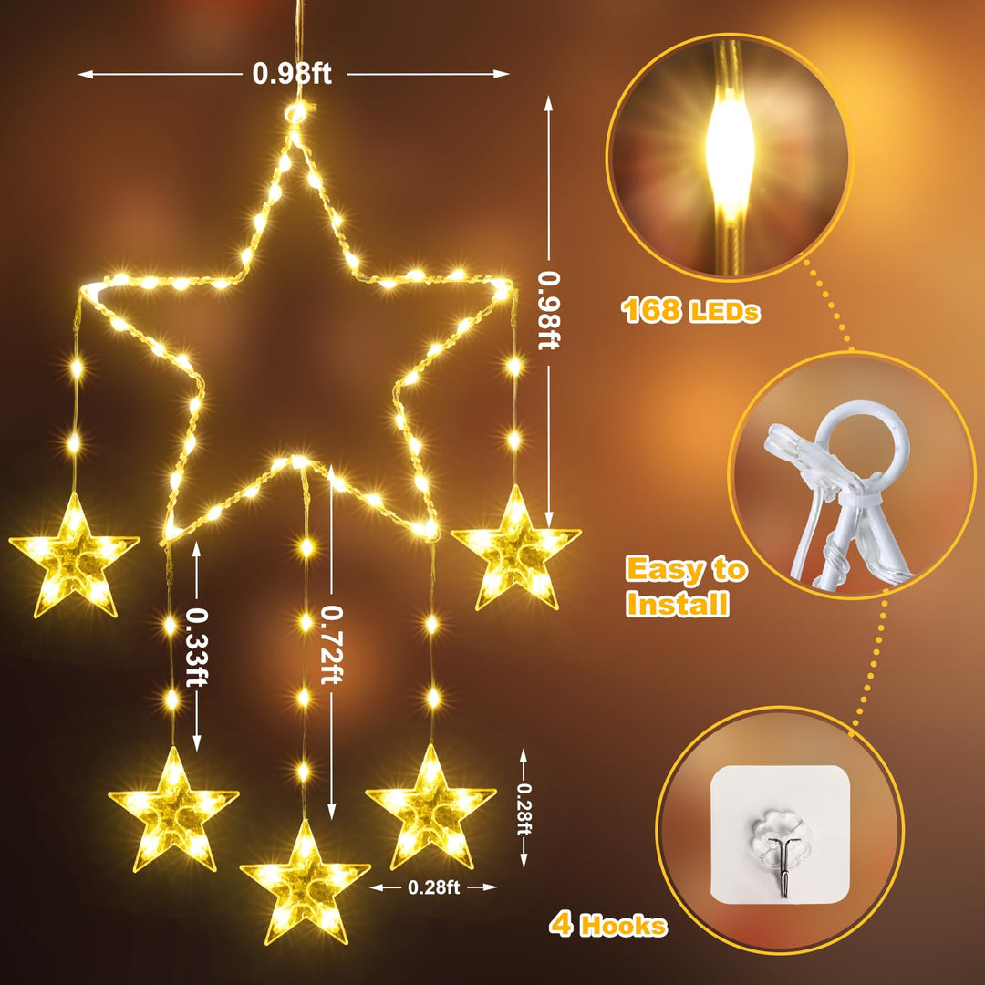 Lisslune | Quntis 2Pcs 95cm Large Christmas Window Lights, 84LED 12 Stars Battery Operated Christmas Silhouette Sparkle Star Lights with Timer Memory, 8 Modes Xmas Indoor Outdoor Hanging Decoration, Warm White