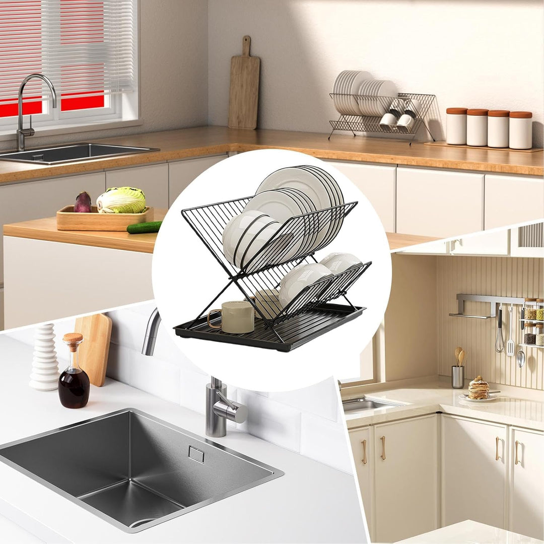 Skorter | Folding Dish Drying Rack – 2-Tier Countertop Drainer with Detachable Tray – Kelvra