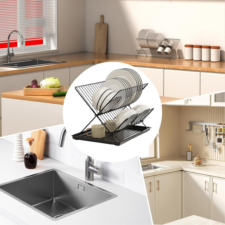 Skorter | Folding Dish Drying Rack – 2-Tier Countertop Drainer with Detachable Tray – Kelvra