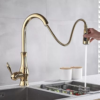 Lisslune | Brass Kitchen Faucet Pull Out Mixer Sink Water Tap 360 Rotation Single Handle