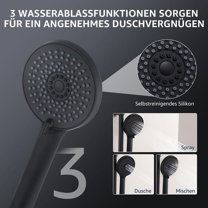 Lisslune | Rain shower shower system without fittings, Black hand shower with 3 functions, Stainless steel shower set with round head shower, Shower rod SUS304