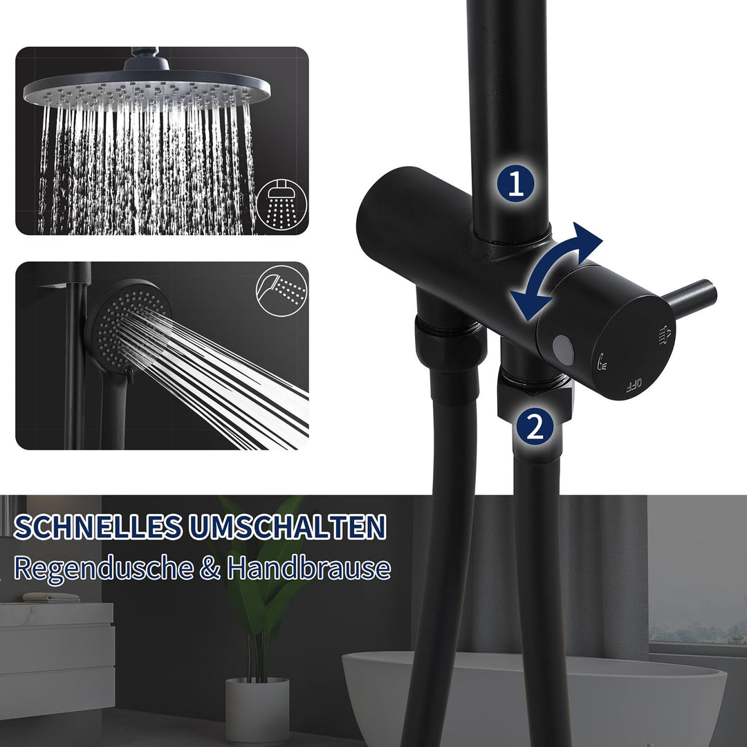 Lisslune | Rain shower shower system without fittings, Black hand shower with 3 functions, Stainless steel shower set with round head shower, Shower rod SUS304